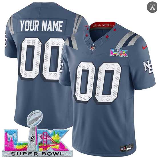 Mens New England Patriots Active Player Custom Storm Blue 2025 F.U.S.E. Super Bowl LX Patch Rivalries Vapor Limited Stitched Jersey->customized nfl jersey->Custom Jersey
