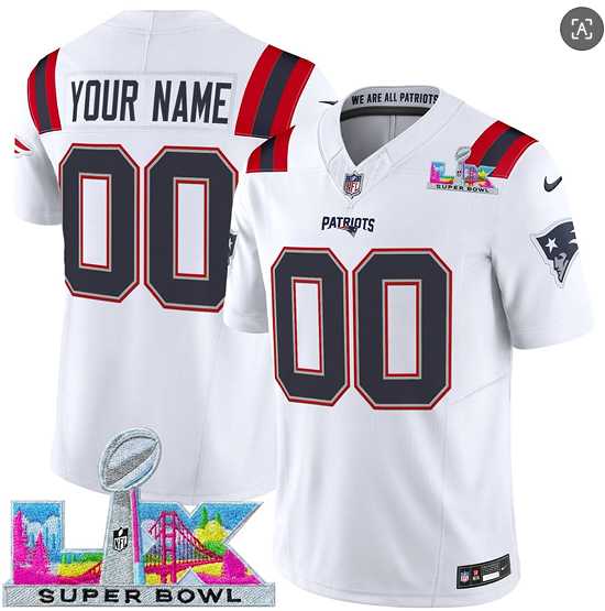 Mens New England Patriots Active Player Custom White 2025 F.U.S.E. Super Bowl LX Patch Vapor Limited Stitched Jersey->customized nfl jersey->Custom Jersey