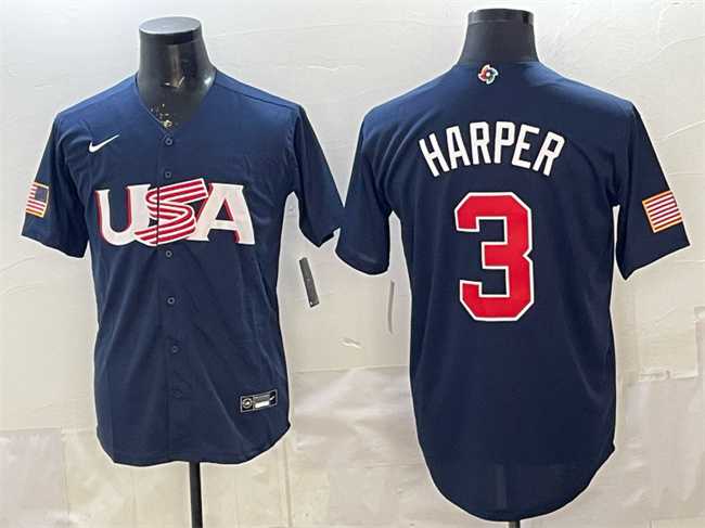 Mens USA #3 Bryce Harper Navy World Baseball Classic Stitched Jersey->2023 world baseball classic->MLB Jersey