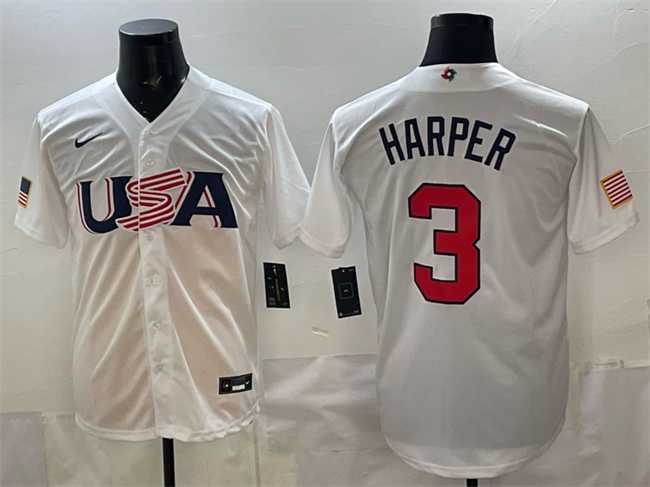 Mens USA #3 Bryce Harper White World Baseball Classic Stitched Jersey->2023 world baseball classic->MLB Jersey