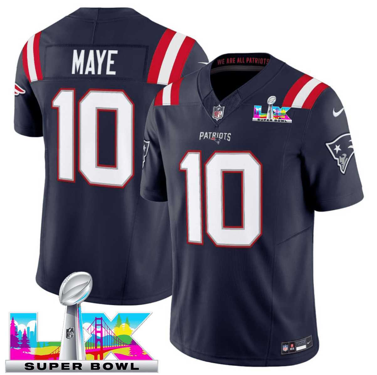 Mens New England Patriots #10 Drake Maye Navy 2025 F.U.S.E. Super Bowl LX Patch Vapor Limited Stitched Jersey->new england patriots->NFL Jersey