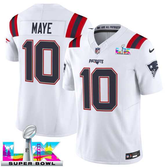 Mens New England Patriots #10 Drake Maye White 2025 F.U.S.E. Super Bowl LX Patch Vapor Limited Stitched Jersey->new england patriots->NFL Jersey