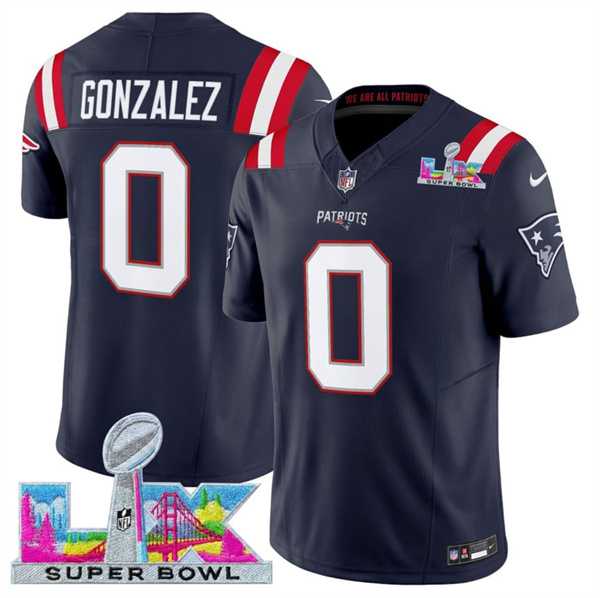 Mens New England Patriots #0 Christian Gonzalez Navy 2025 F.U.S.E. Super Bowl LX Patch Vapor Limited Stitched Jersey->new england patriots->NFL Jersey