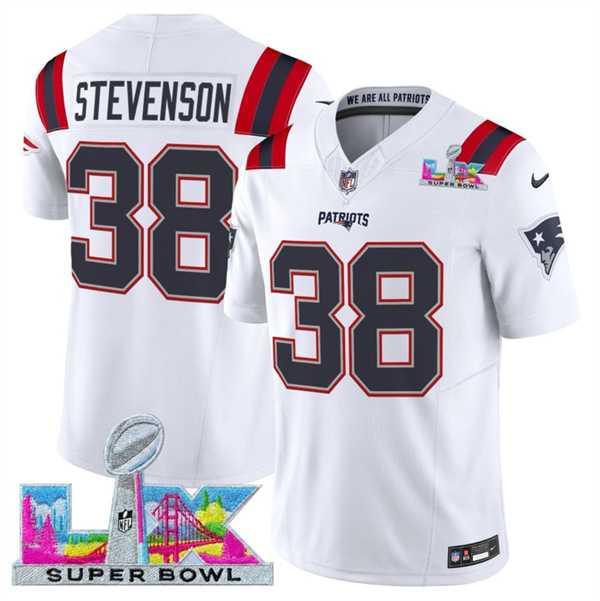 Mens New England Patriots #38 Rhamondre Stevenson White 2025 F.U.S.E. Super Bowl LX Patch Vapor Limited Stitched Jersey->new england patriots->NFL Jersey