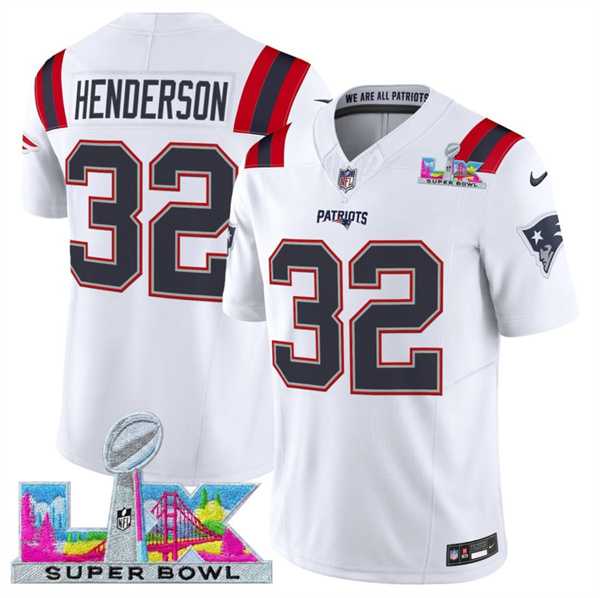 Men%27s New England Patriots #32 TreVeyon Henderson White 2025 F.U.S.E. Super Bowl LX Patch Vapor Limited Stitched Jersey->new england patriots->NFL Jersey