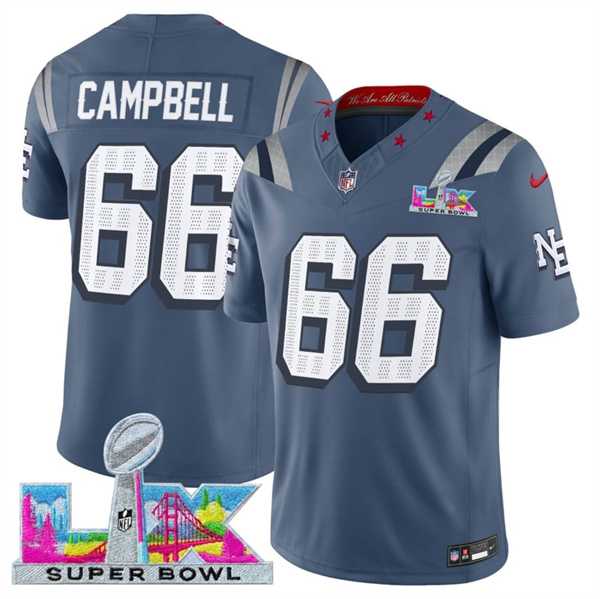 Mens New England Patriots #66 Will Campbell Storm Blue 2025 F.U.S.E. Super Bowl LX Patch Rivalries Vapor Limited Stitched Jersey->new england patriots->NFL Jersey