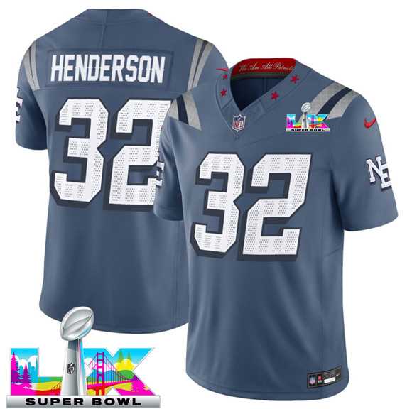 Mens New England Patriots #32 TreVeyon Henderson Storm Blue 2025 F.U.S.E. Super Bowl LX Patch Rivalries Vapor Limited Stitched Jersey->new england patriots->NFL Jersey