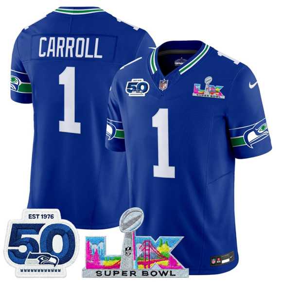 Men%27s Seattle Seahawks #1 Pete Carroll Royal 2025 F.U.S.E. Super Bowl LX Patch And 50th Season Patch Vapor Throwback Limited Stitched Jersey->seattle seahawks->NFL Jersey
