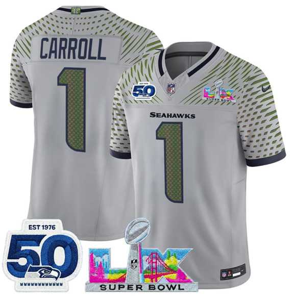 Men%27s Seattle Seahawks #1 Pete Carroll Gray 2025 F.U.S.E. Super Bowl LX Patch And 50th Season Patch %27Rivalries%27 Vapor Limited Stitched Jersey->new england patriots->NFL Jersey
