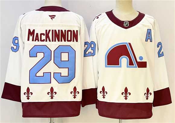 Mens Colorado Avalanche #29 Nathan MacKinnon White 2024-25 With A Patch Stitched Hockey->colorado avalanche->NHL Jersey