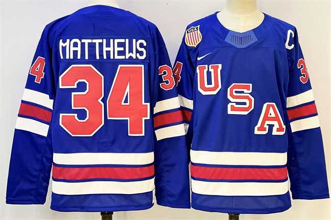 Mens USA #34 Auston Matthews Royal 2025-2026 With C Patch Stitched Jersey->olympics usa jerseys->NHL Jersey