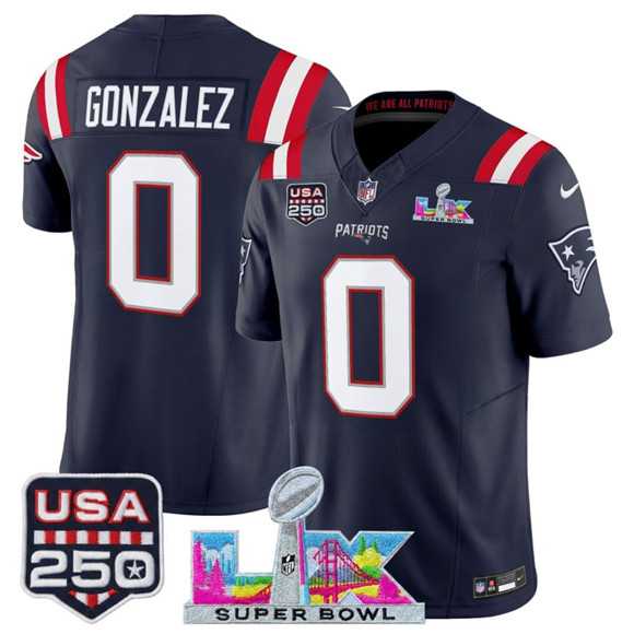 Men%27s New England Patriots #0 Christian Gonzalez Navy 2025 F.U.S.E. Super Bowl LX Patch And USA 250%27 Patch Vapor Limited Stitched Jersey->denver broncos->NFL Jersey