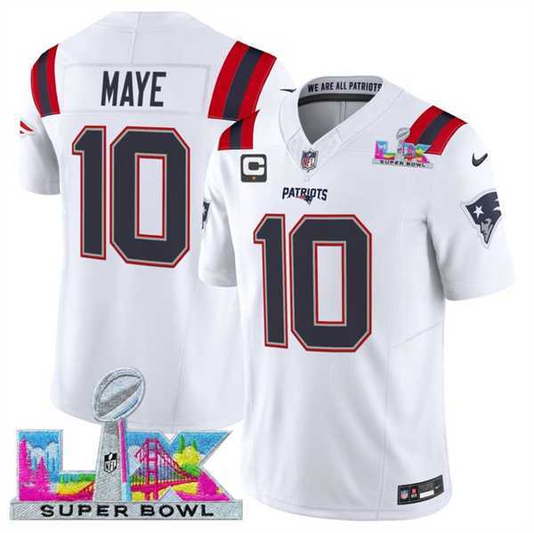 Mens New England Patriots #10 Drake Maye White 2025 F.U.S.E. Super Bowl LX Patch And 1-Star C Patch Vapor Limited Stitched Jersey->new england patriots->NFL Jersey