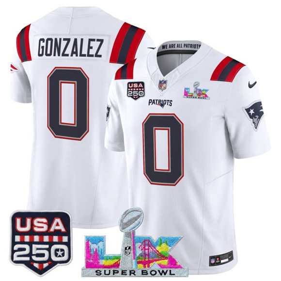 Mens New England Patriots #0 Christian Gonzalez White 2025 F.U.S.E. Super Bowl LX Patch And USA 250 Patch Vapor Limited Stitched Jersey->new england patriots->NFL Jersey