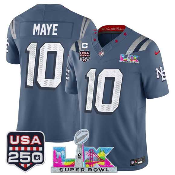 Mens New England Patriots #10 Drake Maye Storm Blue 2025 F.U.S.E. 1-Star C Patch And Super Bowl LX Patch & USA 250 Patch Rivalries Vapor Limited Stitched Jersey->new england patriots->NFL Jersey