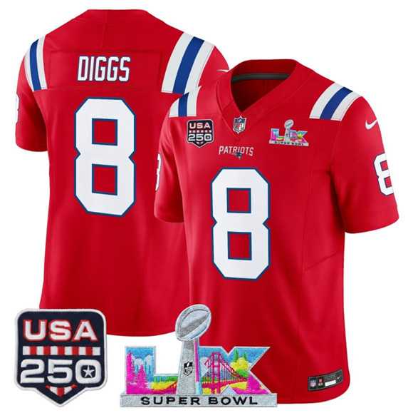 Mens New England Patriots #8 Stefon Diggs Red 2025 F.U.S.E. Super Bowl LX Patch And USA 250 Patch Vapor Limited Stitched Jersey->new england patriots->NFL Jersey