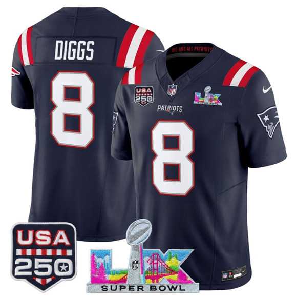 Mens New England Patriots #8 Stefon Diggs Navy 2025 F.U.S.E. Super Bowl LX Patch And USA 250 Patch Vapor Limited Stitched Jersey->new england patriots->NFL Jersey