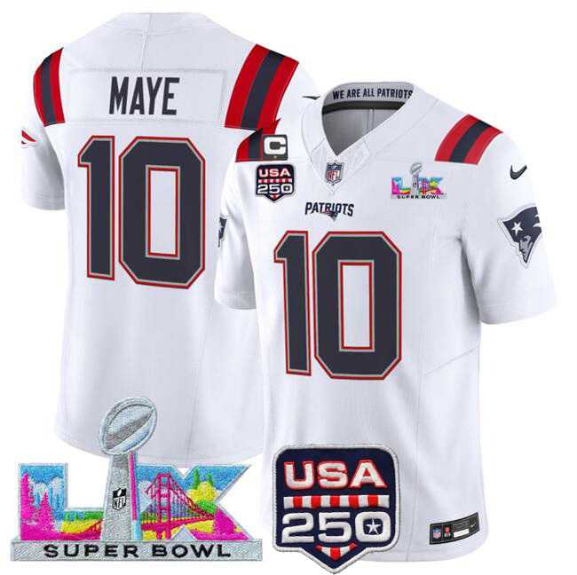 Mens New England Patriots #10 Drake Maye White 2025 F.U.S.E. Super Bowl LX Patch USA 250 Patch Vapor Limited Stitched Jersey->new england patriots->NFL Jersey