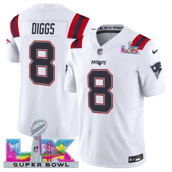Mens New England Patriots #8 Stefon Diggs White 2025 F.U.S.E. Super Bowl LX Patch Vapor Limited Stitched Jersey->new england patriots->NFL Jersey
