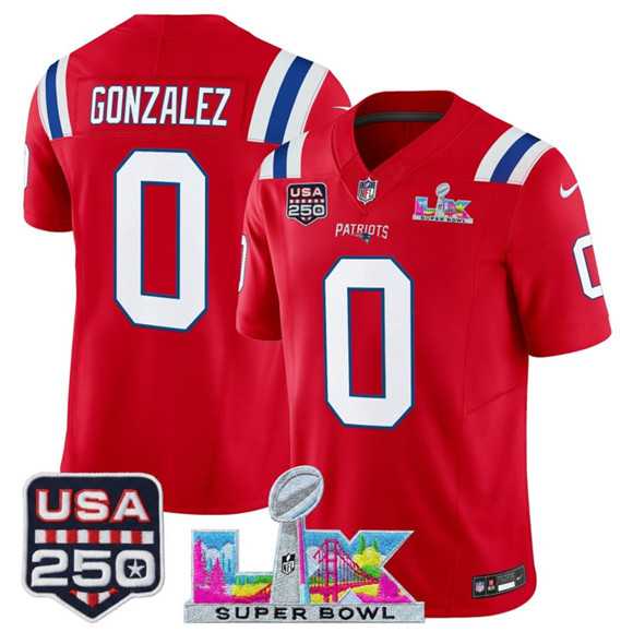 Mens New England Patriots #0 Christian Gonzalez Red 2025 F.U.S.E. Super Bowl LX Patch And USA 250 Patch Vapor Limited Stitched Jersey->new england patriots->NFL Jersey