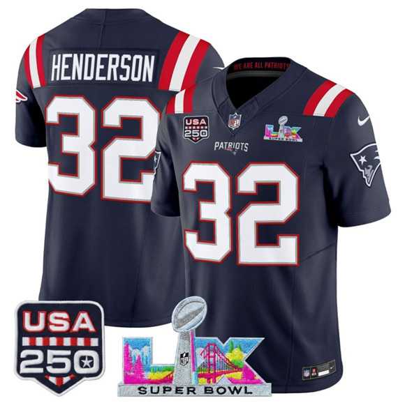 Mens New England Patriots #32 TreVeyon Henderson Navy 2025 F.U.S.E. Super Bowl LX Patch And USA 250 Patch Vapor Limited Stitched Jersey->new england patriots->NFL Jersey