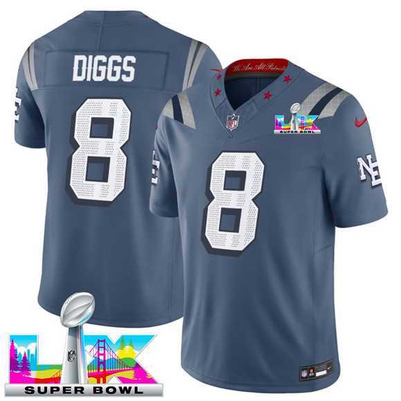 Mens New England Patriots #8 Stefon Diggs Storm Blue 2025 F.U.S.E. Super Bowl LX Patch Rivalries Vapor Limited Stitched Jersey->new england patriots->NFL Jersey