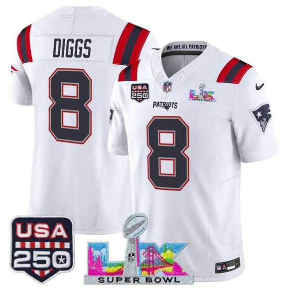 Mens New England Patriots #8 Stefon Diggs White 2025 F.U.S.E. Super Bowl LX Patch And USA 250 Patch Vapor Limited Stitched Jersey->new england patriots->NFL Jersey