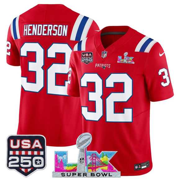 Mens New England Patriots #32 TreVeyon Henderson Red 2025 F.U.S.E. Super Bowl LX Patch And USA 250 Patch Vapor Limited Stitched Jersey->new england patriots->NFL Jersey