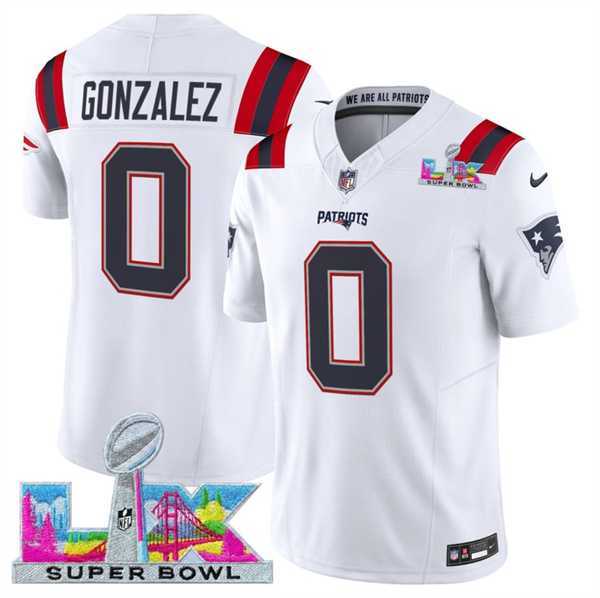 Mens New England Patriots #0 Christian Gonzalez White 2025 F.U.S.E. Super Bowl LX Patch Vapor Limited Stitched Jersey->new england patriots->NFL Jersey