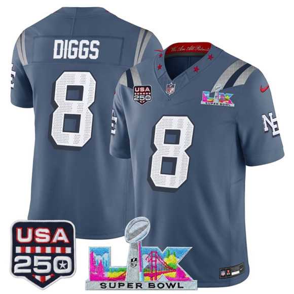 Mens New England Patriots #8 Stefon Diggs Storm Blue 2025 F.U.S.E. Super Bowl LX & USA 250 Patch Rivalries Vapor Limited Stitched Jersey->new england patriots->NFL Jersey