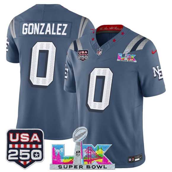 Mens New England Patriots #0 Christian Gonzalez Storm Blue 2025 F.U.S.E. Super Bowl LX & USA 250 Patch Rivalries Vapor Limited Stitched Jersey->new england patriots->NFL Jersey