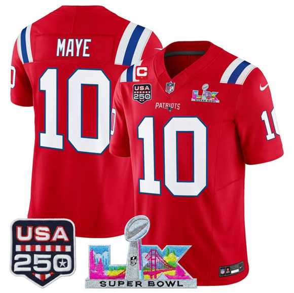 Mens New England Patriots #10 Drake Maye Red 2025 F.U.S.E. 1-Star C Patch And Super Bowl LX Patch & USA 250 Patch Vapor Limited Stitched Jersey->new england patriots->NFL Jersey
