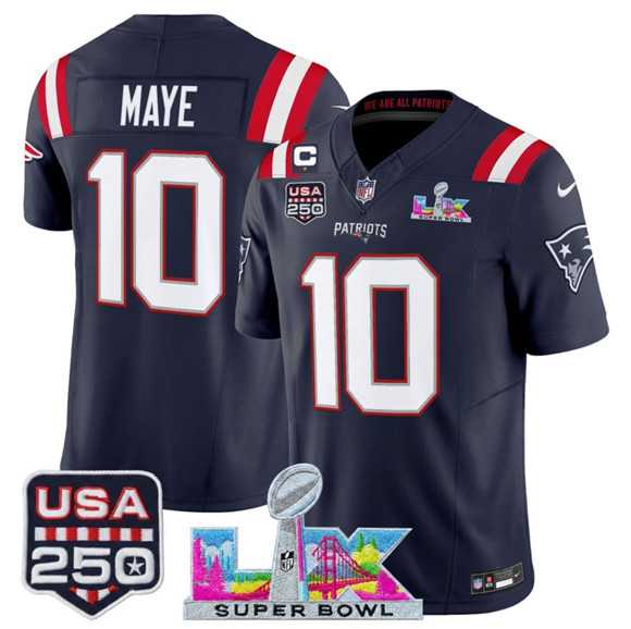 Mens New England Patriots #10 Drake Maye Navy 2025 F.U.S.E. 1-Star C Patch And Super Bowl LX Patch & USA 250 Patch Vapor Limited Stitched Jersey->new england patriots->NFL Jersey