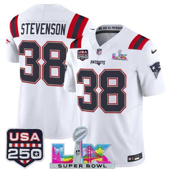 Mens New England Patriots #38 Rhamondre Stevenson White 2025 F.U.S.E. Super Bowl LX Patch And USA 250 Patch Vapor Limited Stitched Jersey->new england patriots->NFL Jersey