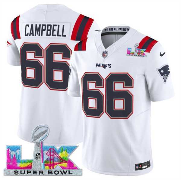 Mens New England Patriots #66 Will Campbell White 2025 F.U.S.E. Super Bowl LX Patch Vapor Limited Stitched Jersey->new england patriots->NFL Jersey