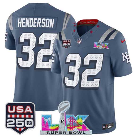 Mens New England Patriots #32 TreVeyon Henderson Storm Blue 2025 F.U.S.E. Super Bowl LX & USA 250 Patch Rivalries Vapor Limited Stitched Jersey->new england patriots->NFL Jersey