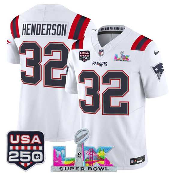 Mens New England Patriots #32 TreVeyon Henderson White 2025 F.U.S.E. Super Bowl LX Patch And USA 250 Patch Vapor Limited Stitched Jersey->new england patriots->NFL Jersey