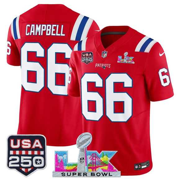 Mens New England Patriots #66 Will Campbell Red 2025 F.U.S.E. Super Bowl LX Patch And USA 250 Patch Vapor Limited Stitched Jersey->new england patriots->NFL Jersey