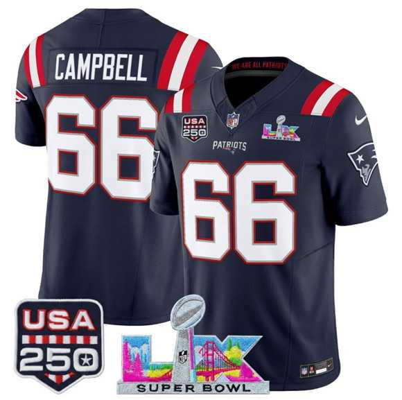 Mens New England Patriots #66 Will Campbell Navy 2025 F.U.S.E. Super Bowl LX Patch And USA 250 Patch Vapor Limited Stitched Jersey->new england patriots->NFL Jersey
