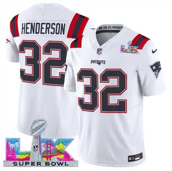 Mens New England Patriots #32 TreVeyon Henderson White 2025 F.U.S.E. Super Bowl LX Patch Vapor Limited Stitched Jersey->new england patriots->NFL Jersey