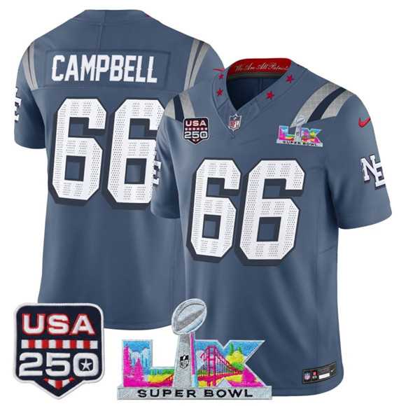 Mens New England Patriots #66 Will Campbell Storm Blue 2025 F.U.S.E. Super Bowl LX & USA 250 Patch Rivalries Vapor Limited Stitched Jersey->new england patriots->NFL Jersey