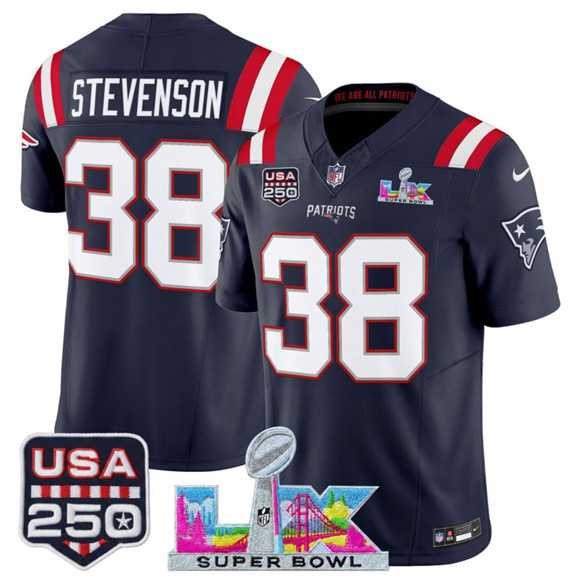 Mens New England Patriots #38 Rhamondre Stevenson Navy 2025 F.U.S.E. Super Bowl LX Patch And USA 250 Patch Vapor Limited Stitched Jersey->new england patriots->NFL Jersey