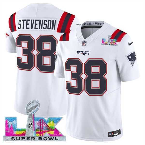 Mens New England Patriots #38 Rhamondre Stevenson White 2025 F.U.S.E. Super Bowl LX Patch Vapor Limited Stitched Jersey->new england patriots->NFL Jersey