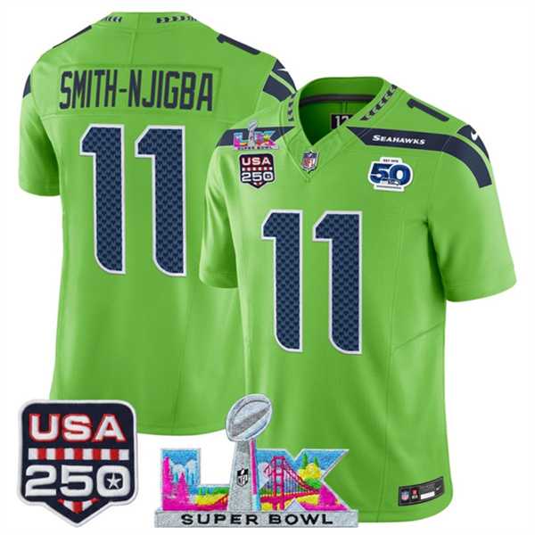 Mens Seattle Seahawks #11 Jaxon Smith-Njigba Green 2025 F.U.S.E. Super Bowl LX Patch And 50th Season & USA 250 Patch Vapor Limited Stitched Jersey->seattle seahawks->NFL Jersey