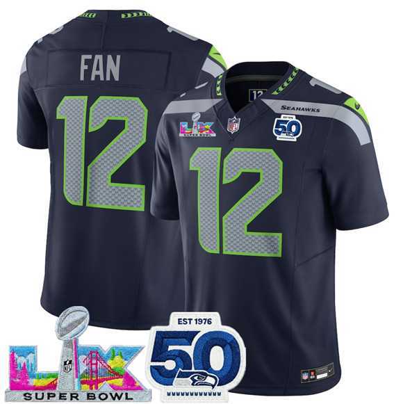 Mens Seattle Seahawks #12 Fan Navy 2025 F.U.S.E. Super Bowl LX Patch And 50th Season Patch Vapor Limited Stitched Jersey->seattle seahawks->NFL Jersey