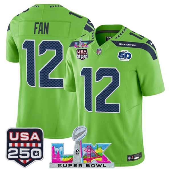 Mens Seattle Seahawks #12 Fan Green 2025 F.U.S.E. Super Bowl LX Patch And 50th Season & USA 250 Patch Vapor Limited Stitched Jersey->seattle seahawks->NFL Jersey