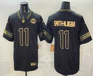 Mens Seattle Seahawks #11 Jaxon Smith-Njigba Black Gold 2025 FUSE 50th Season Patch Limited Stitched Jersey Dzhi->seattle seahawks->NFL Jersey