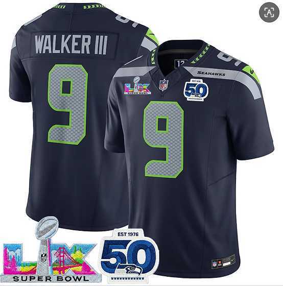 Mens Seattle Seahawks #9 Kenneth Walker III Navy 2025 F.U.S.E. Super Bowl LX Patch And 50th Season Patch Vapor Limited Stitched Jersey->seattle seahawks->NFL Jersey