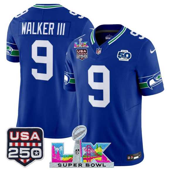 Mens Seattle Seahawks #9 Kenneth Walker III Royal 2025 F.U.S.E. Super Bowl LX Patch And 50th Season & USA 250 Patch Vapor Throwback Limited Stitched Jersey->seattle seahawks->NFL Jersey