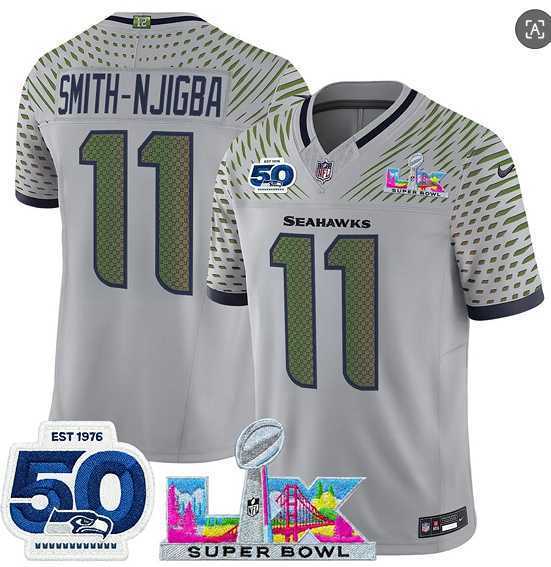 Mens Seattle Seahawks #11 Jaxon Smith-Njigba Gray 2025 F.U.S.E. Super Bowl LX Patch And 50th Season Patch Rivalries Vapor Limited Stitched Jersey->seattle seahawks->NFL Jersey